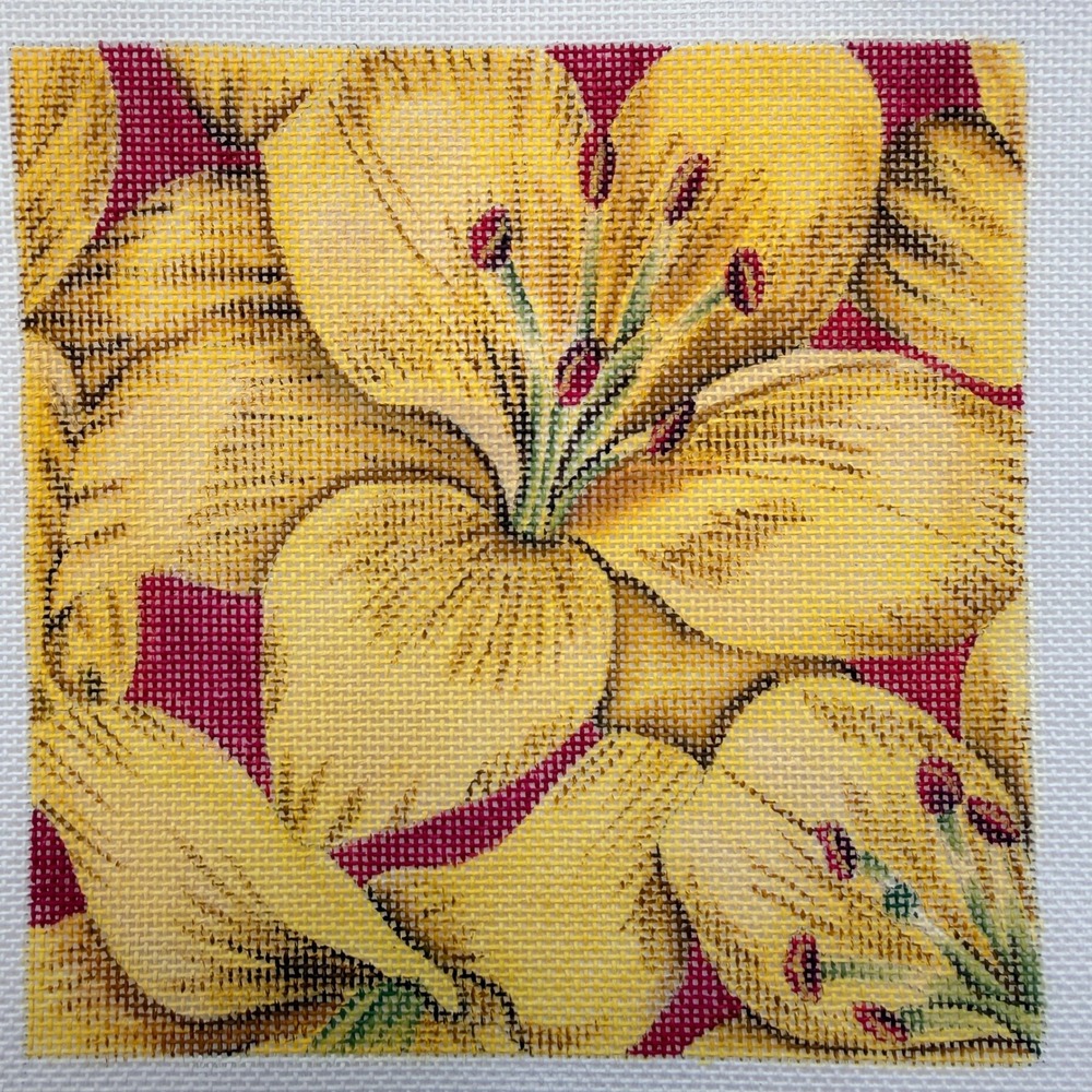 Yellow Tiger Lily Floral Hand Painted Needlepoint Canvas HP F86F Vintage Floral
